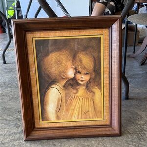 Vintage 20”x17”Framed "First Kiss" Print By Margaret Kane Young Boy & Young Girl